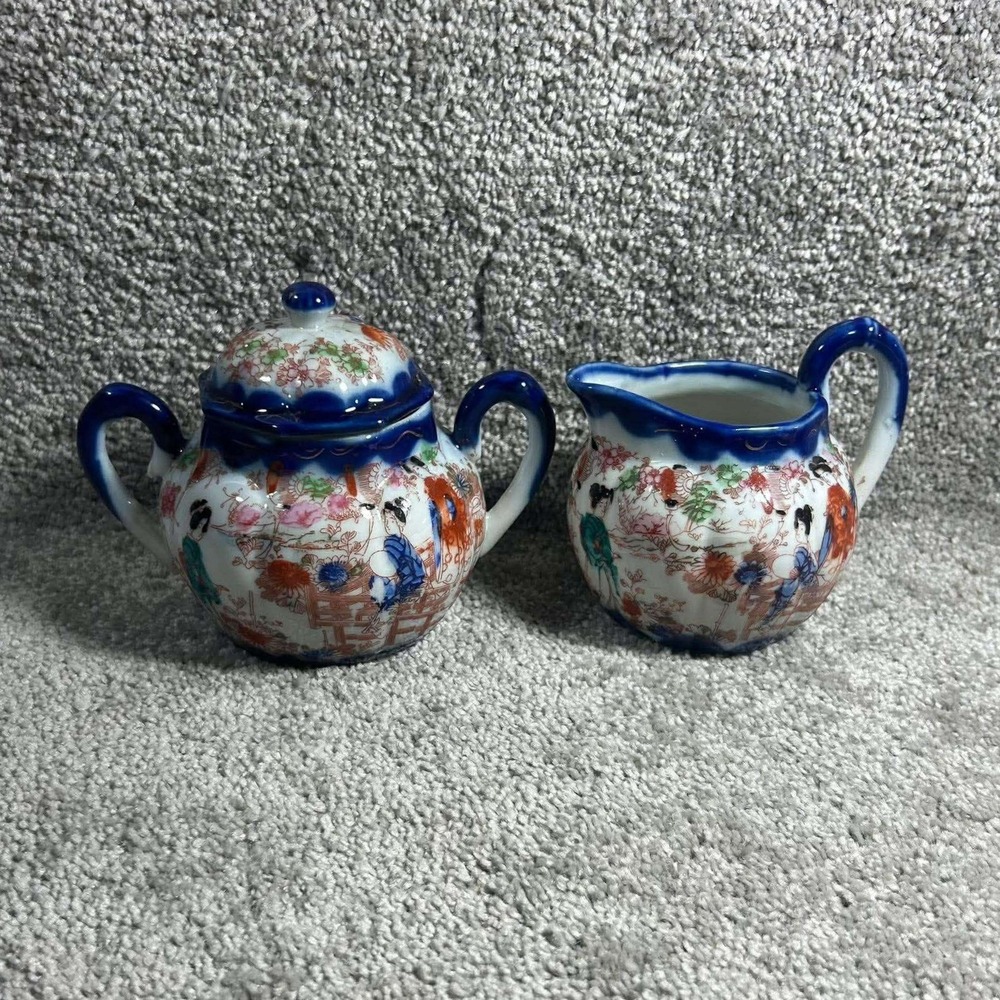 Nippon Sugar and Creamer Set Geisha Hand Painted Antique Japan